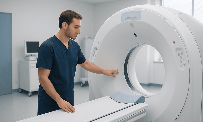 Medical professional prepares MRI scanner in a modern hospital setting.
