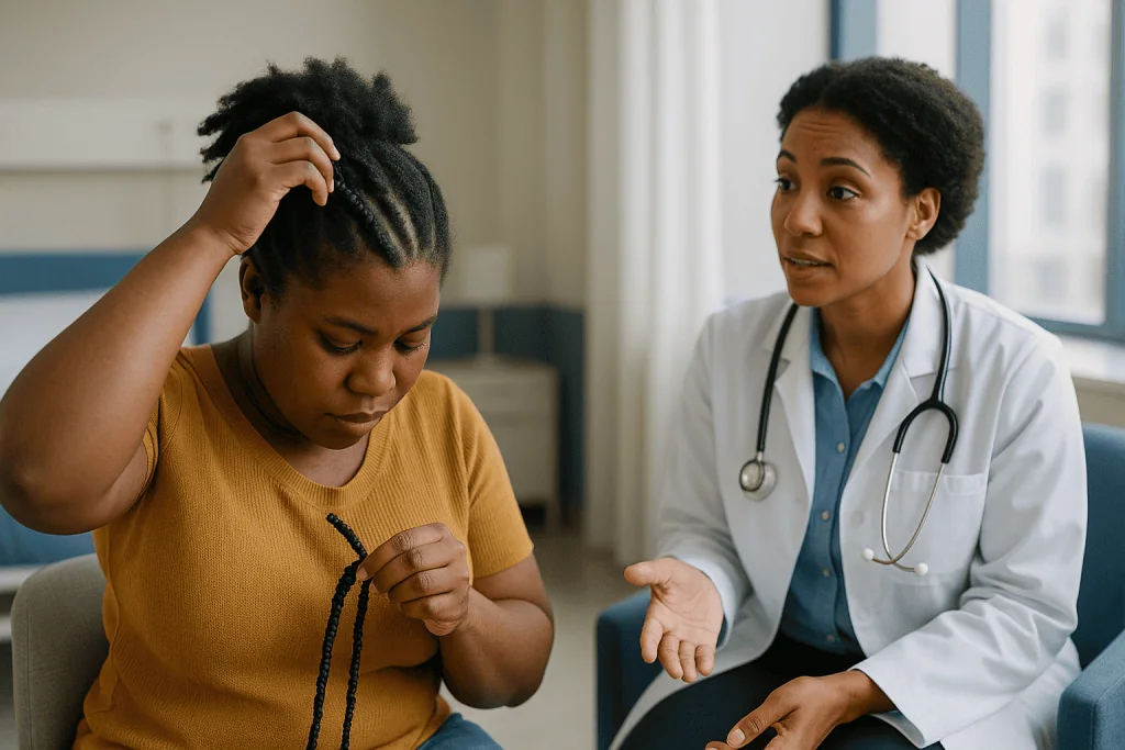 Doctor consulting patient about hair concerns: Why braids after hair transplant is a different question for afro-textured ha