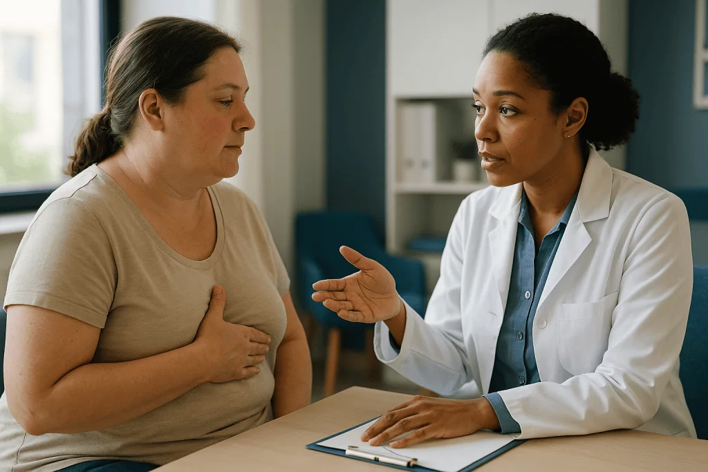 Doctor consulting with patient in clinical office setting — Why breast reduction results take months, not days