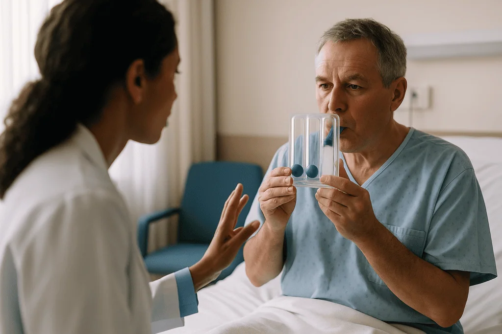 Healthcare provider demonstrating breathing device to male patient: Why breathing exercises matter from the first hours
