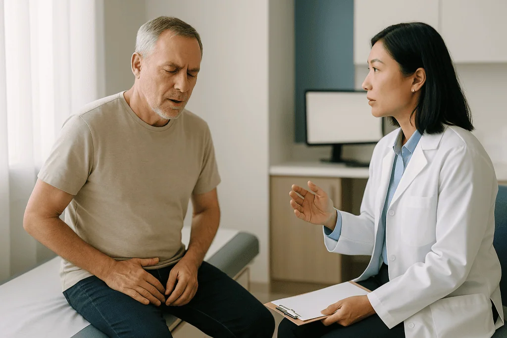 Doctor consulting with adult male patient in clinic: Why burning after urodynamic testing happens: the mechanism