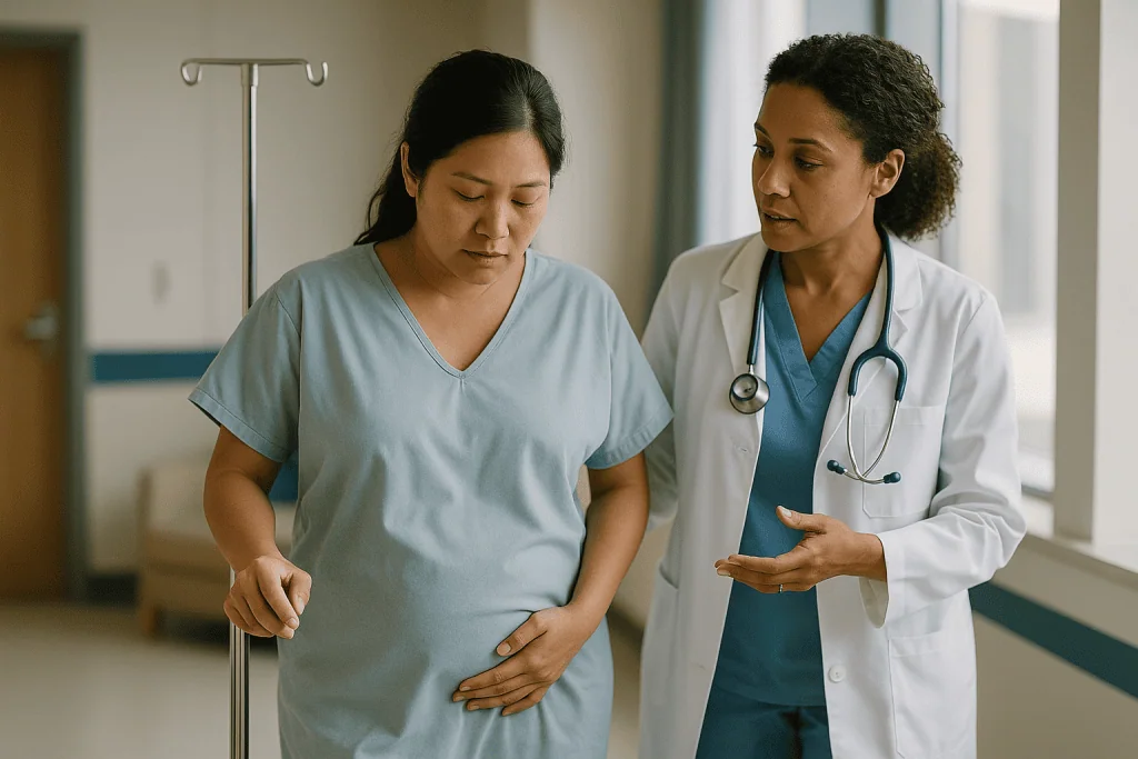 Pregnant woman consulting with doctor in hospital hallway: Why C-section recovery week by week rarely runs in a straight lin