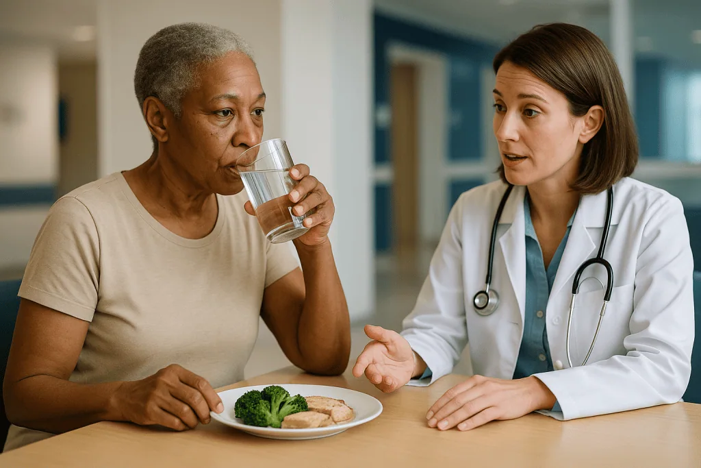 Doctor consulting patient about diet and hydration: Why calcium can drop after parathyroid surgery