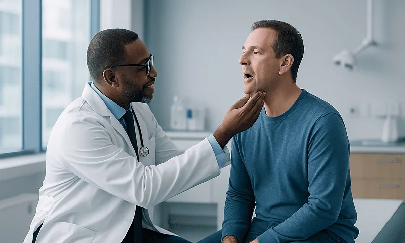 Doctor examining a patient's throat in a clinical setting.