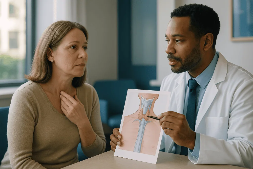 Doctor explaining thyroid anatomy diagram to patient: Why can the voice change after thyroidectomy? Two nerves and one breat