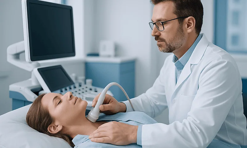 Doctor performing ultrasound on a patient with thyroid issues in a clinical setting.