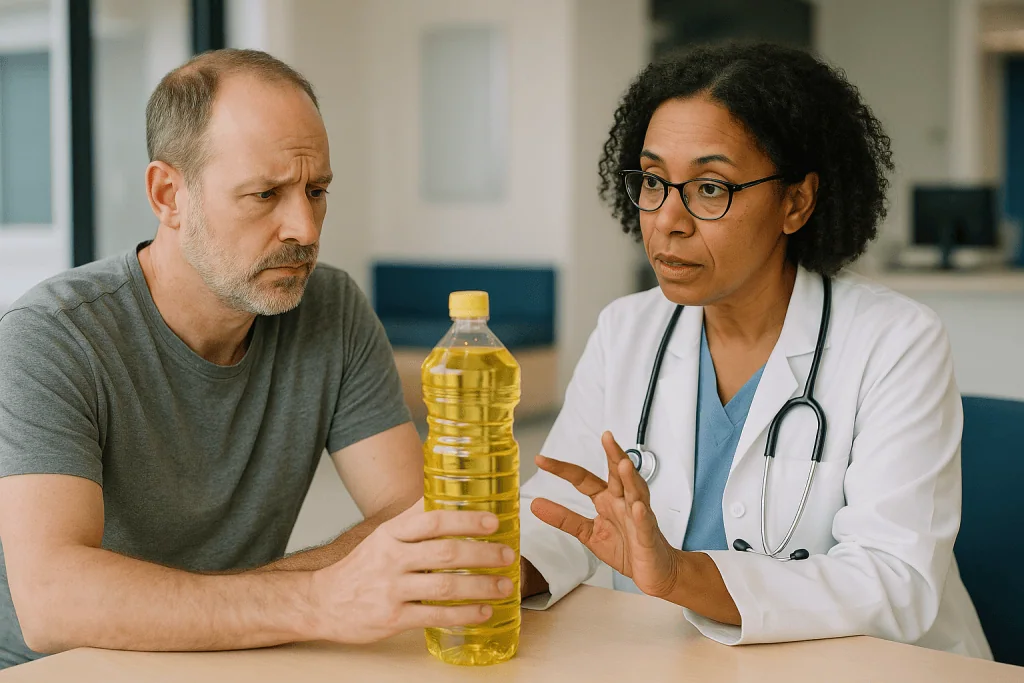 Doctor consulting patient about cooking oil bottle: Why canola oil is vilified online right now