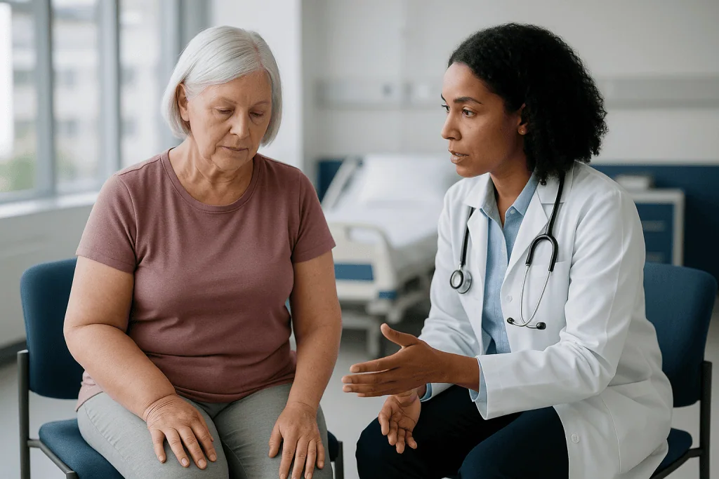 Doctor consulting with senior patient in clinic office: Why can't you surgically remove lymphedema?