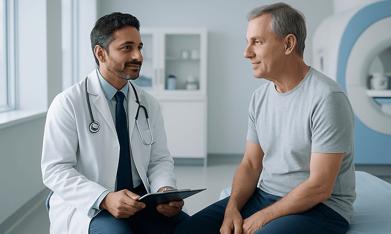 Doctor consulting with a patient in a hospital room.