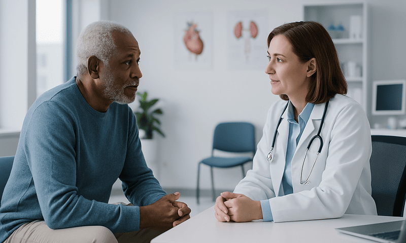 Doctor consulting with an elderly male patient in a medical office.