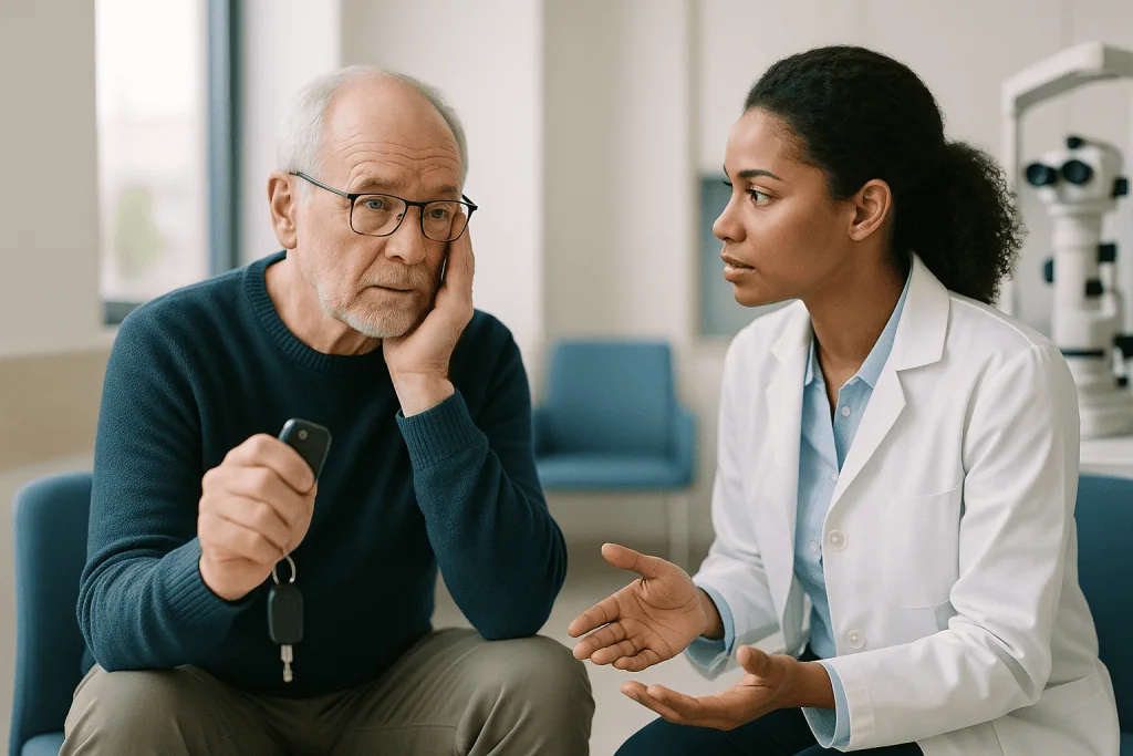 Doctor consulting with elderly male patient in clinical setting: Why cataract glare at night is usually the first complaint