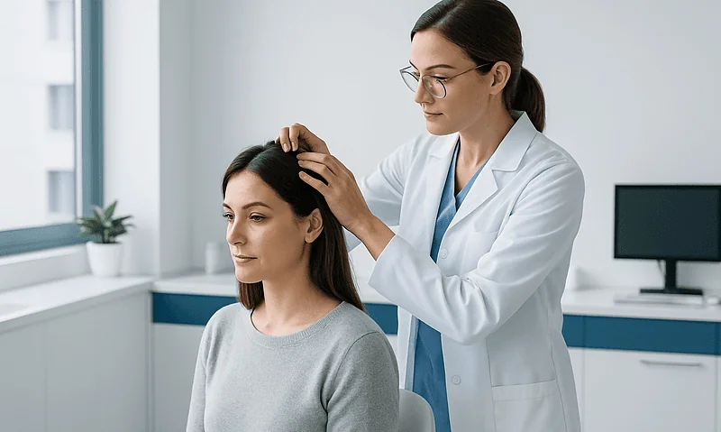 Doctor examining patient's scalp in a clinical setting.