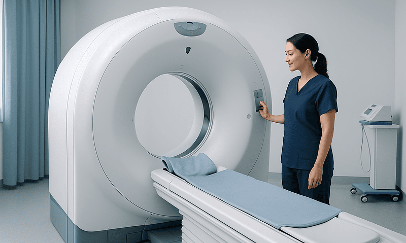 Medical professional operating a CT scanner in a hospital setting.