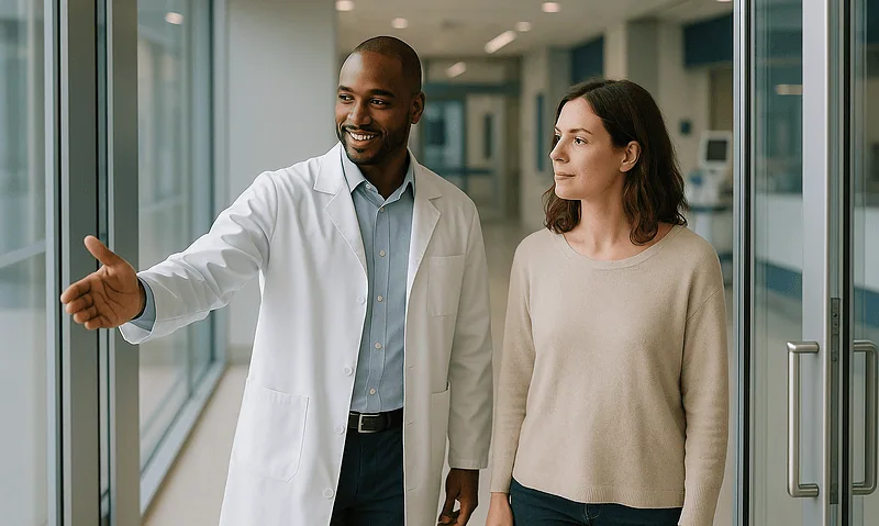 Doctor explaining medical information to a patient in a hospital corridor.