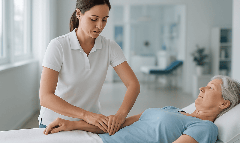 Nurse providing abdominal care to elderly patient in hospital room.