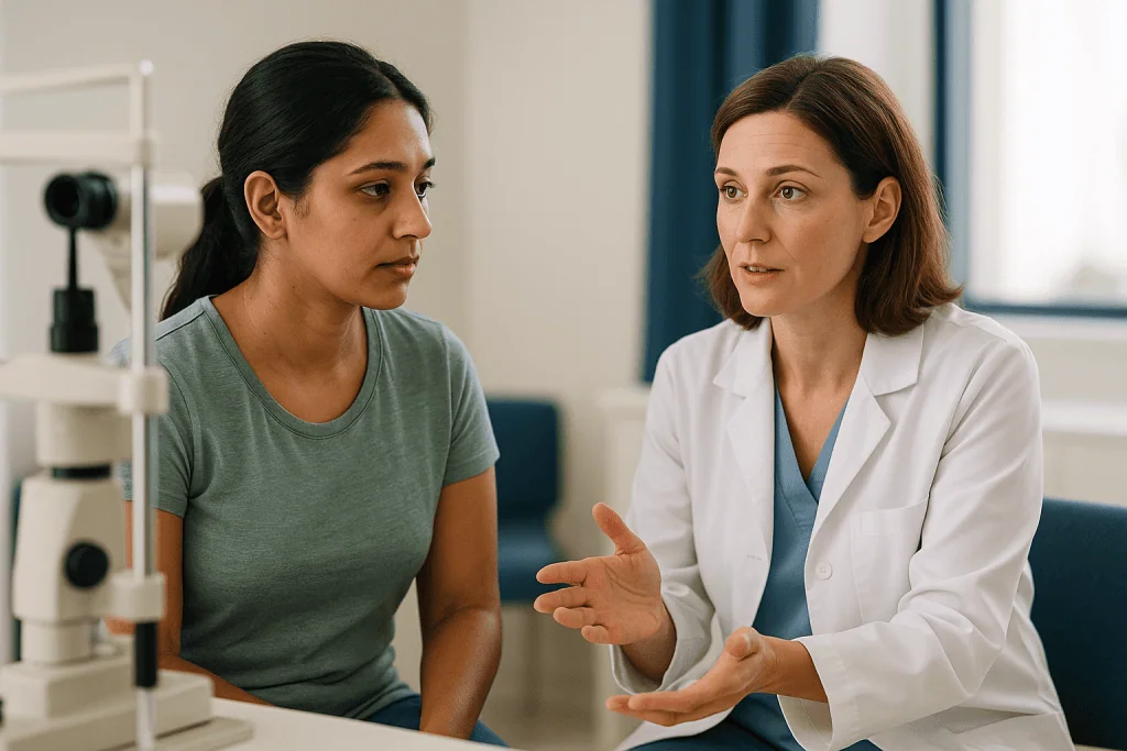 Doctor consulting patient in ophthalmology clinic setting: Why corneal thickness matters more than your prescription