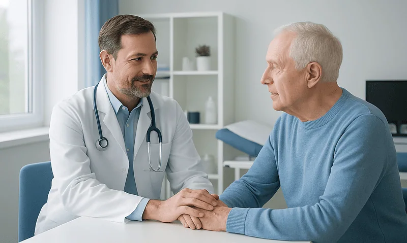 Doctor consulting with elderly patient in a medical office.