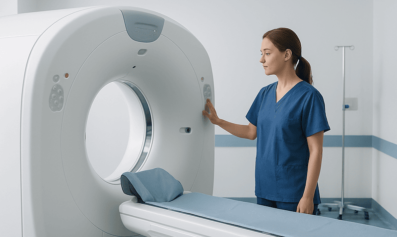 Medical professional prepares MRI scanner for patient examination.