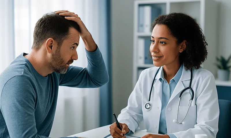 Doctor consulting with male patient about dandruff treatment progress.