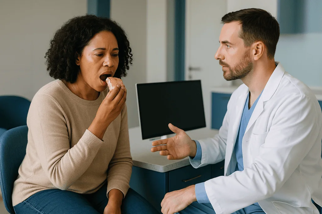 Doctor consulting patient eating sandwich in office: Why decay is treated before any cosmetic work