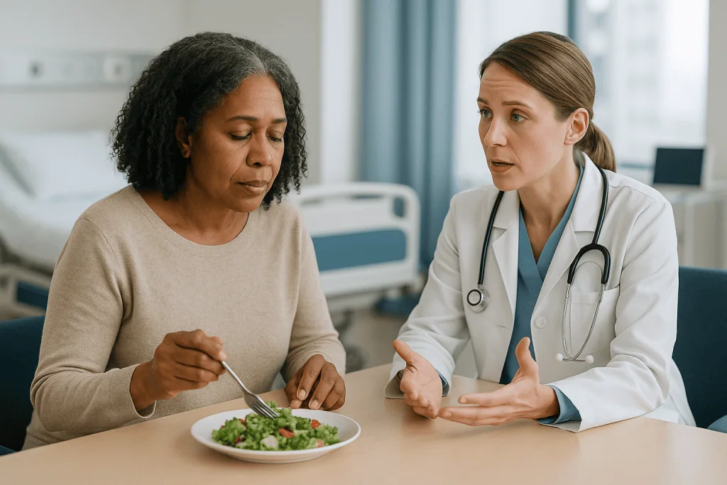Doctor consulting patient about healthy diet and nutrition: Why demyelinating disease new symptoms are time-sensitive