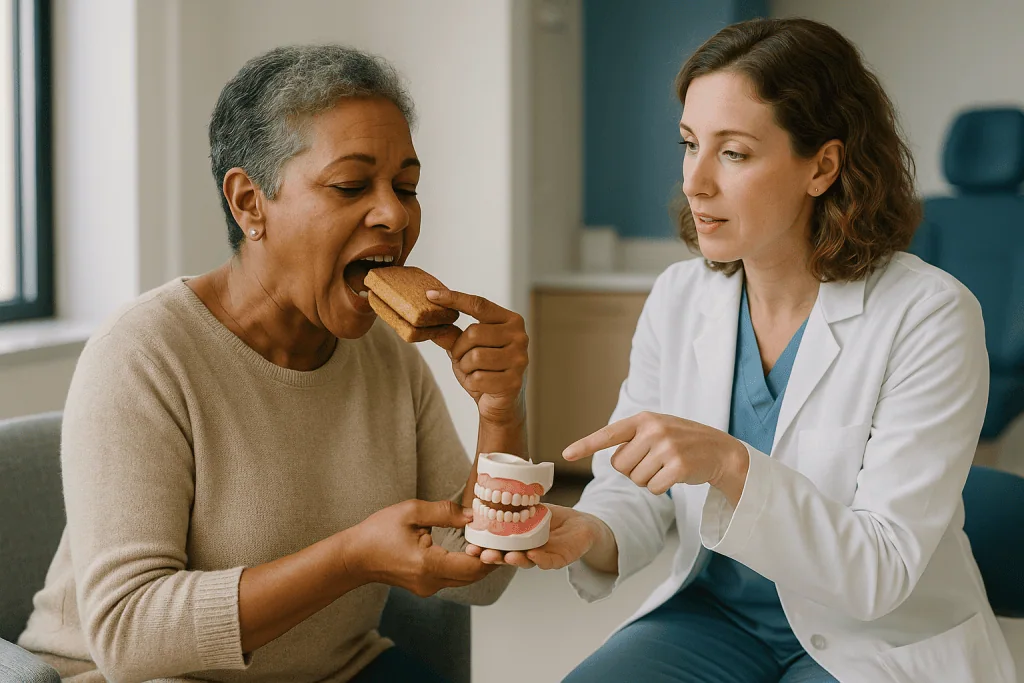 Dentist explaining dental model to senior patient: Why dental bridge problems so often start where you cannot see them