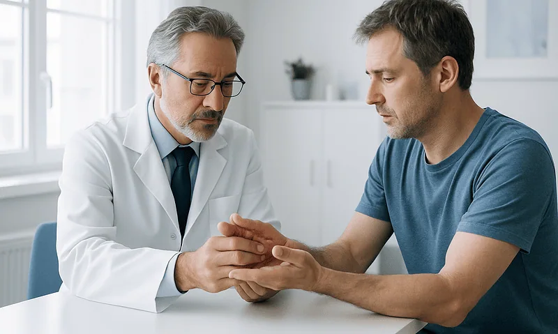 Doctor examining patient's hand for joint or dental health issues.