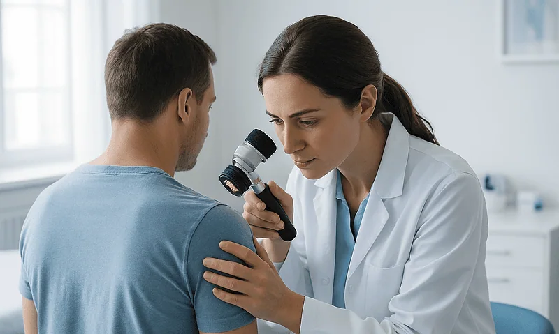 Dermatologist examining patient's skin with a dermatoscope in clinic.