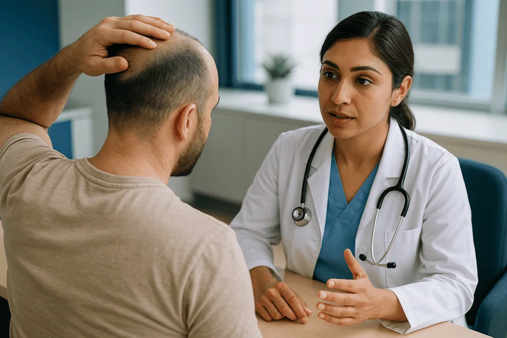 Doctor consulting with male patient about hair loss: Why DHI hair transplant risks look so much like FUE risks