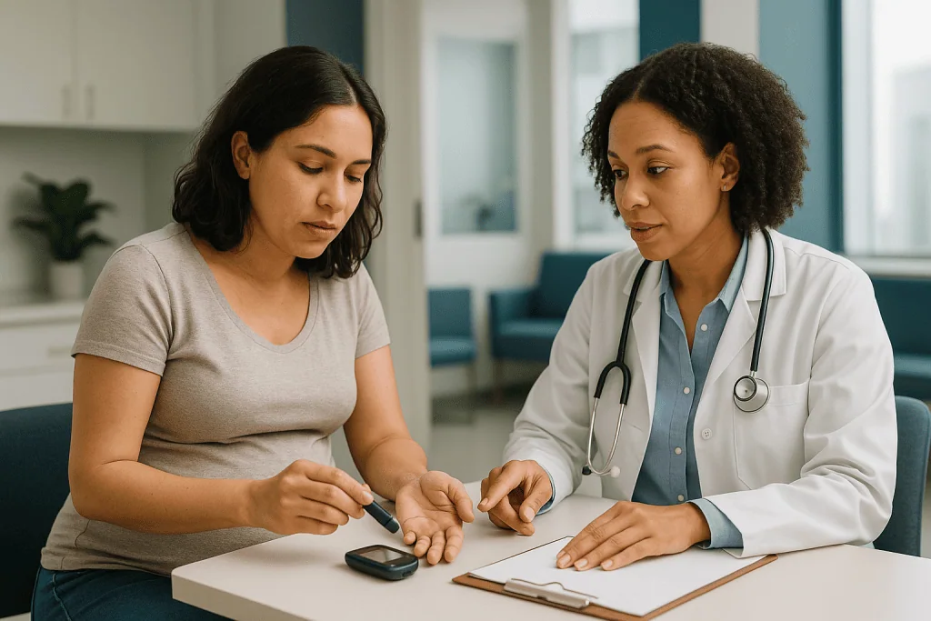 Doctor consulting with patient using glucose meter: Why diabetes and bleeding gums are linked differently