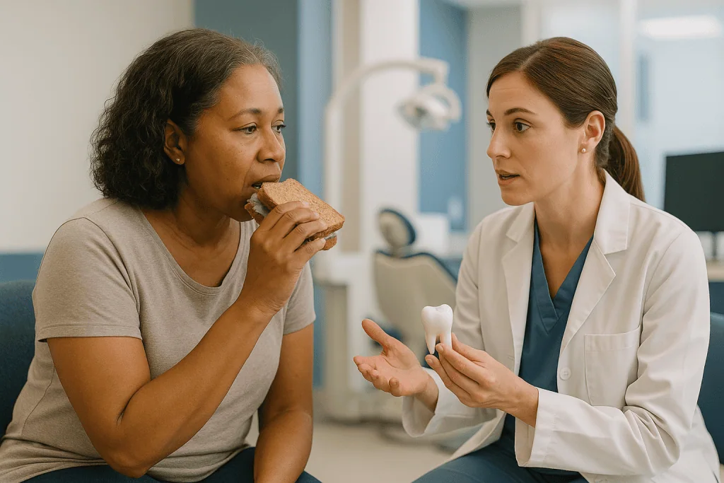 Healthcare provider consultation with patient eating sandwich: Why didn't my dentist give me a crown after a root canal?