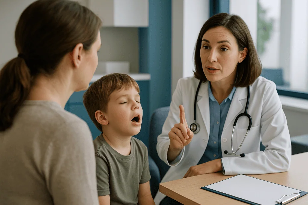 Pediatrician consulting with mother and child patient: Why do adenoids get enlarged in children?