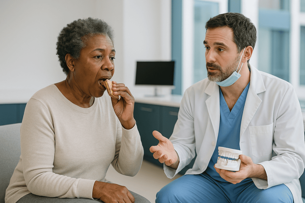 Doctor showing dental model to senior patient: Why do All on 6 problems happen in the first place?
