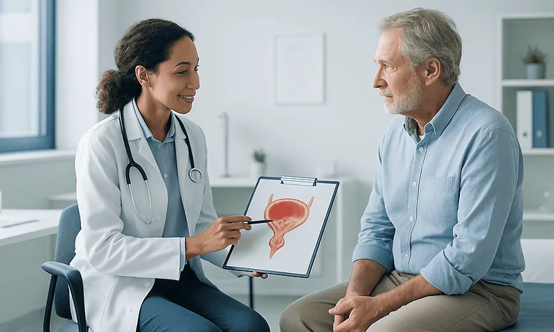 Urologist explaining bladder health to an older male patient.