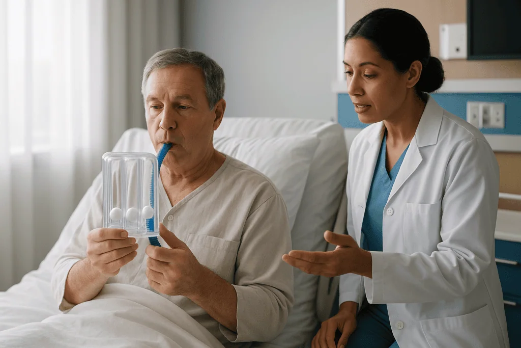 Healthcare provider instructing patient on breathing device usage: Why do breathing exercises matter so much after abdominal