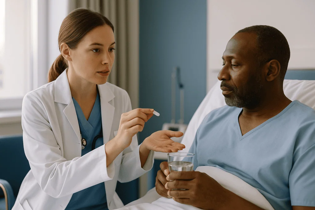 Doctor consulting patient, holding medication pill: Why do doctors give antibiotics before they know it is meningitis?