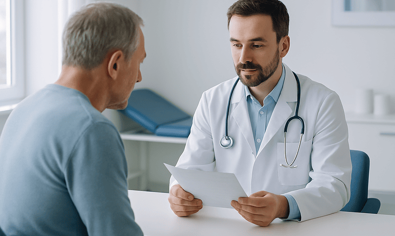 Doctor consulting with patient about fluid and urine logs for diabetes insipidus evaluation.