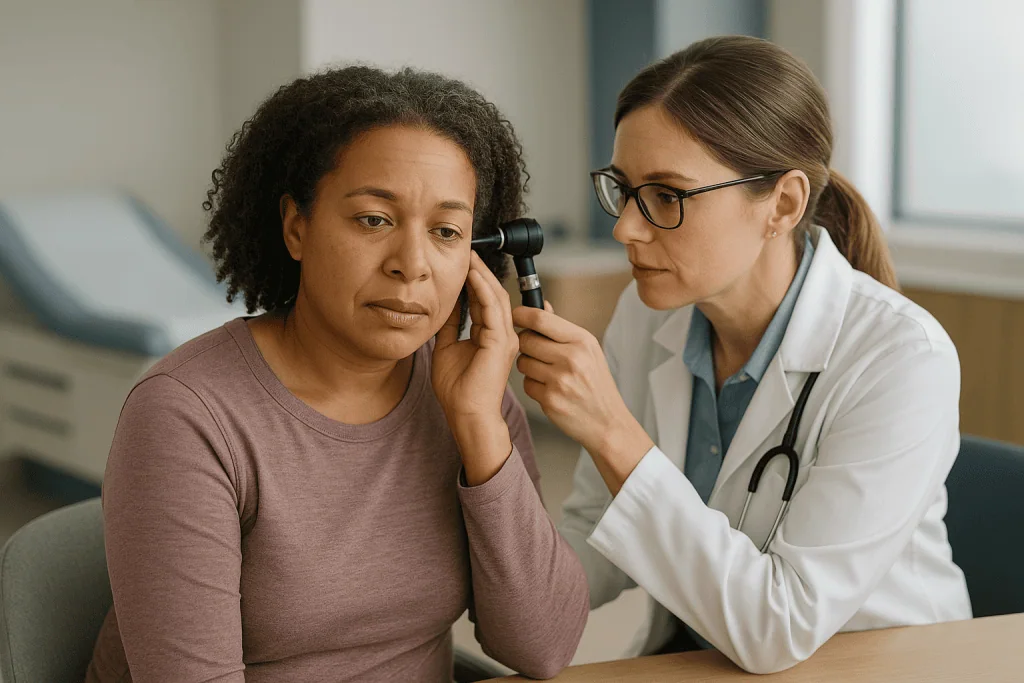 Doctor examining patient's ear with otoscope — Why do grown-ups sometimes need ear tubes when most cases are in children?