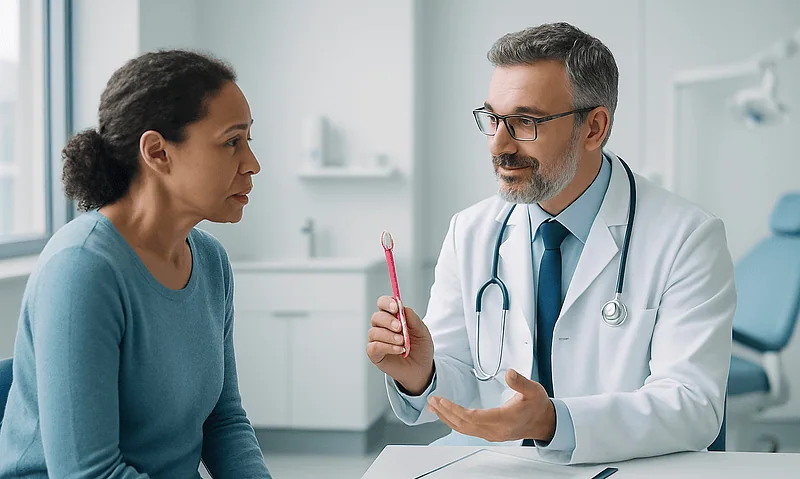 Dentist explaining gum health to a patient in a clinical setting.
