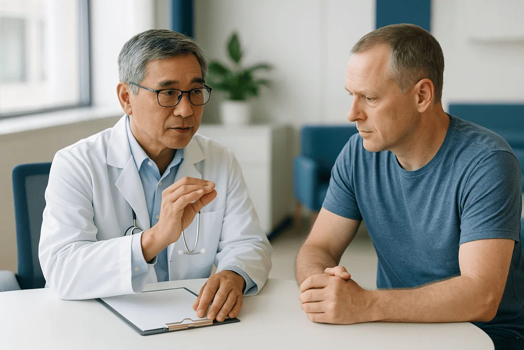 Doctor consulting with male patient in clinical setting: Why do healthy adrenal glands shrink while cortisol is high?