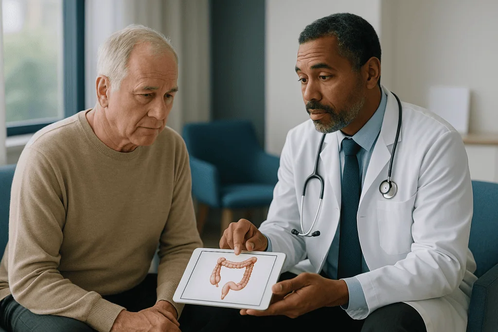 Doctor consulting senior patient about colon anatomy on tablet: Why do I need a colonoscopy before colon surgery if I alread