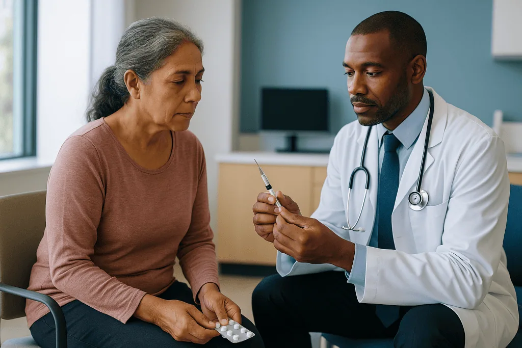 Doctor consulting patient with syringe and medication blister: Why do injections work better than pills? The honest answer a