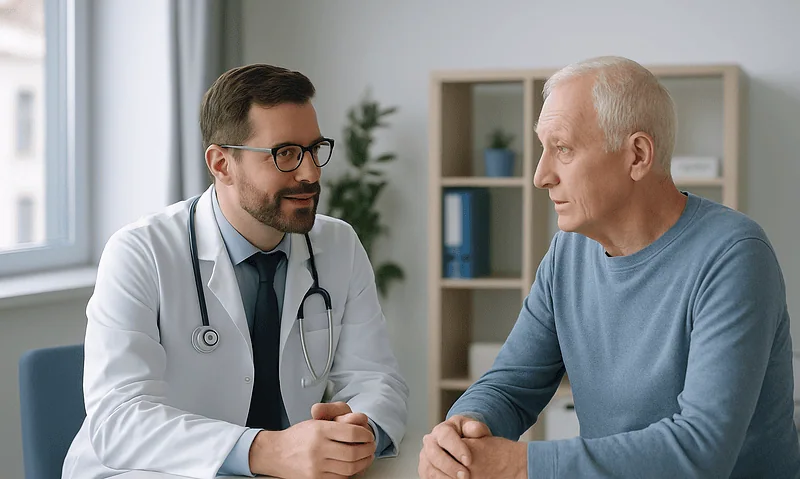 Doctor consulting with an elderly patient in a medical office.