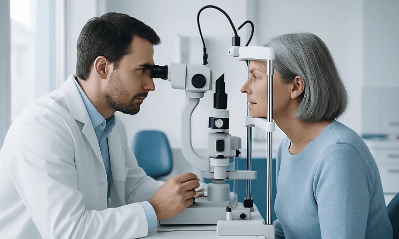 Ophthalmologist examining elderly woman's eyes with slit lamp.