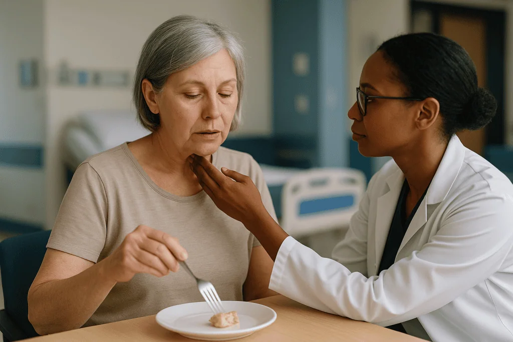 Healthcare provider examining patient's throat during consultation: Why do muscles weaken, and why does it matter where the 