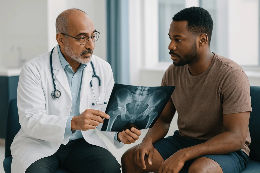 Doctor showing X-ray to male patient in consultation — Why do pelvic and straddle injuries damage the urethra differently?