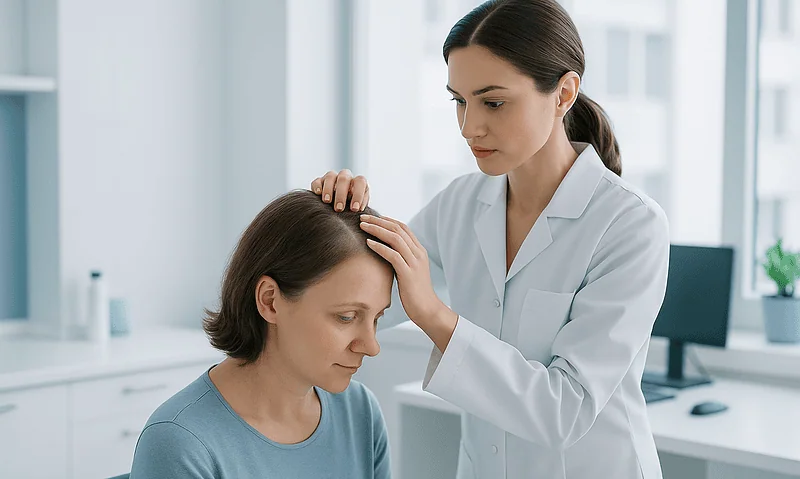 Medical professional examining a patient's scalp in a clinic setting.