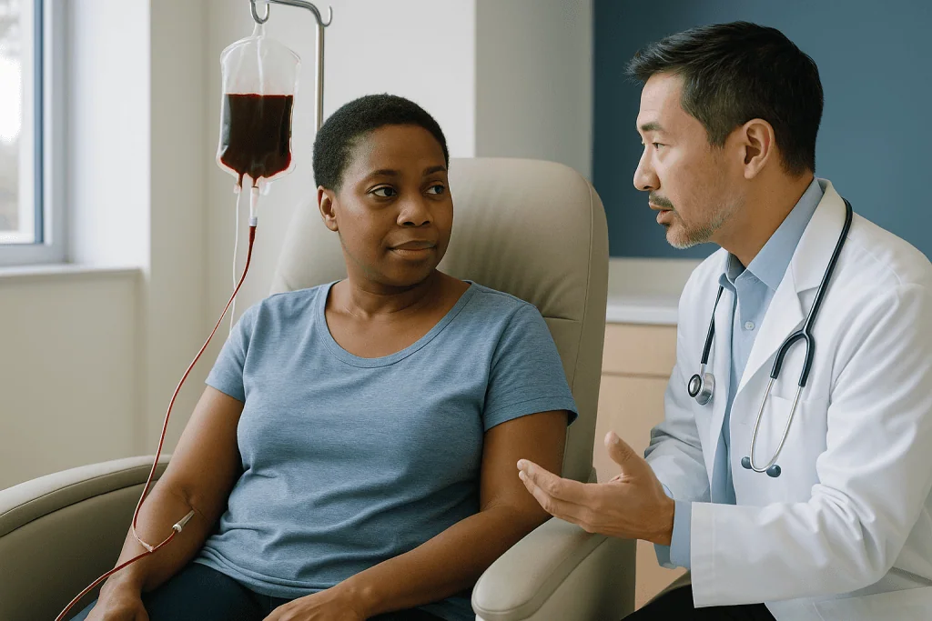 Doctor consulting patient receiving blood transfusion: Why do people with sickle cell get blood transfusions?