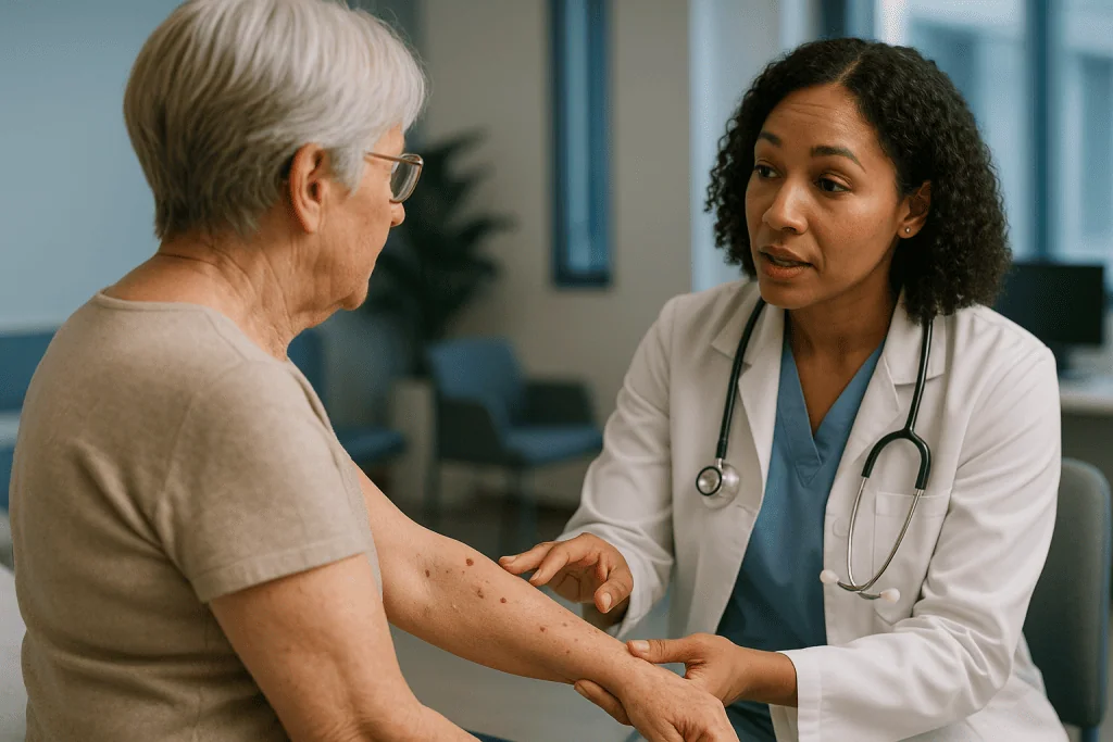 Doctor examining patient's arm skin lesions: Why do seborrheic keratoses and cherry angiomas appear with age?