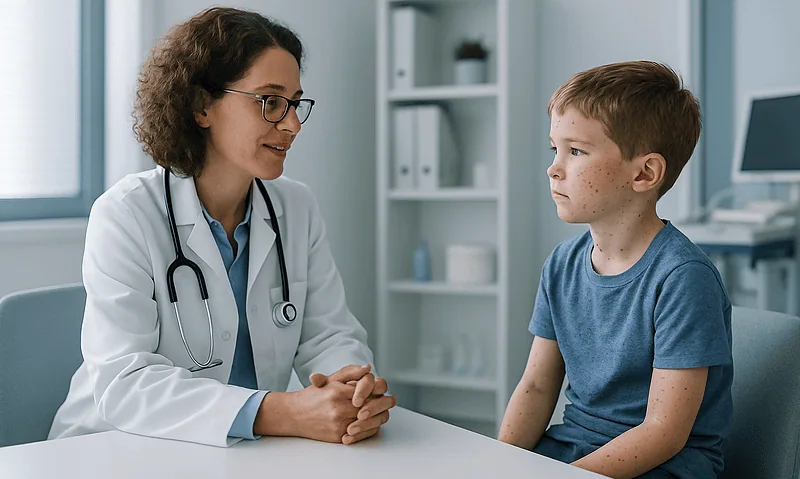 Pediatric consultation with a doctor and young patient in a clinic setting.